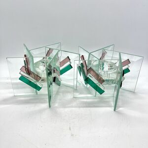 Vintage Pair Art Deco Clear Glass Panel Candle Stick Holders 5” Star